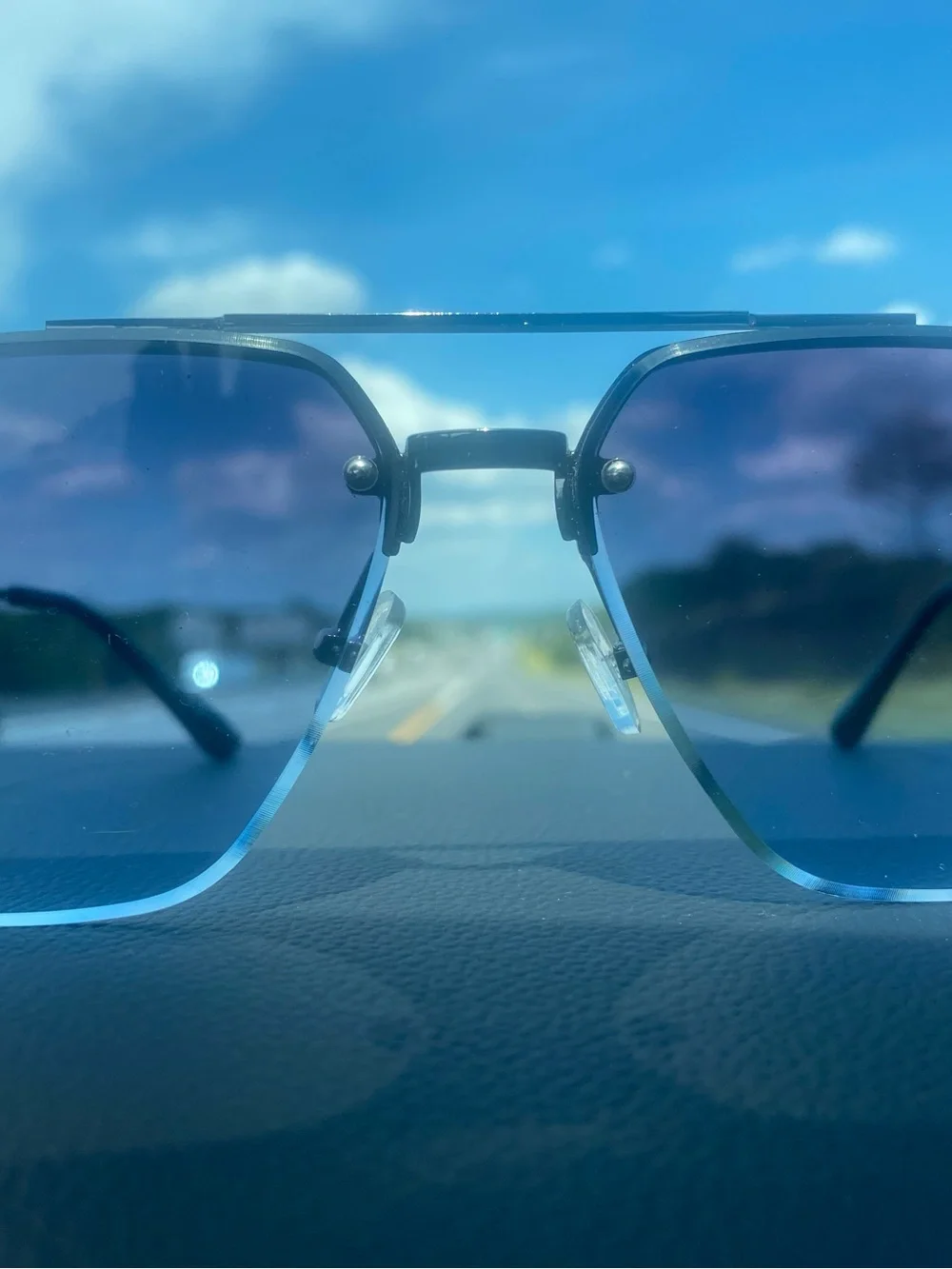 Prada Blue Gradient Rimless Sunglasses with Red Temples